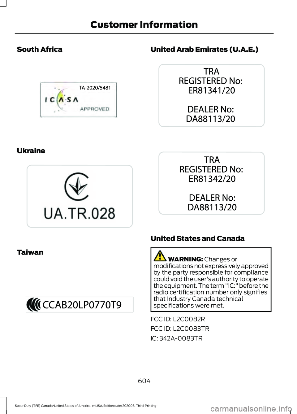 FORD F-350 2021  Owners Manual South Africa
Ukraine
Taiwan United Arab Emirates (U.A.E.)
United States and Canada
WARNING: Changes or
modifications not expressively approved
by the party responsible for compliance
could void the us