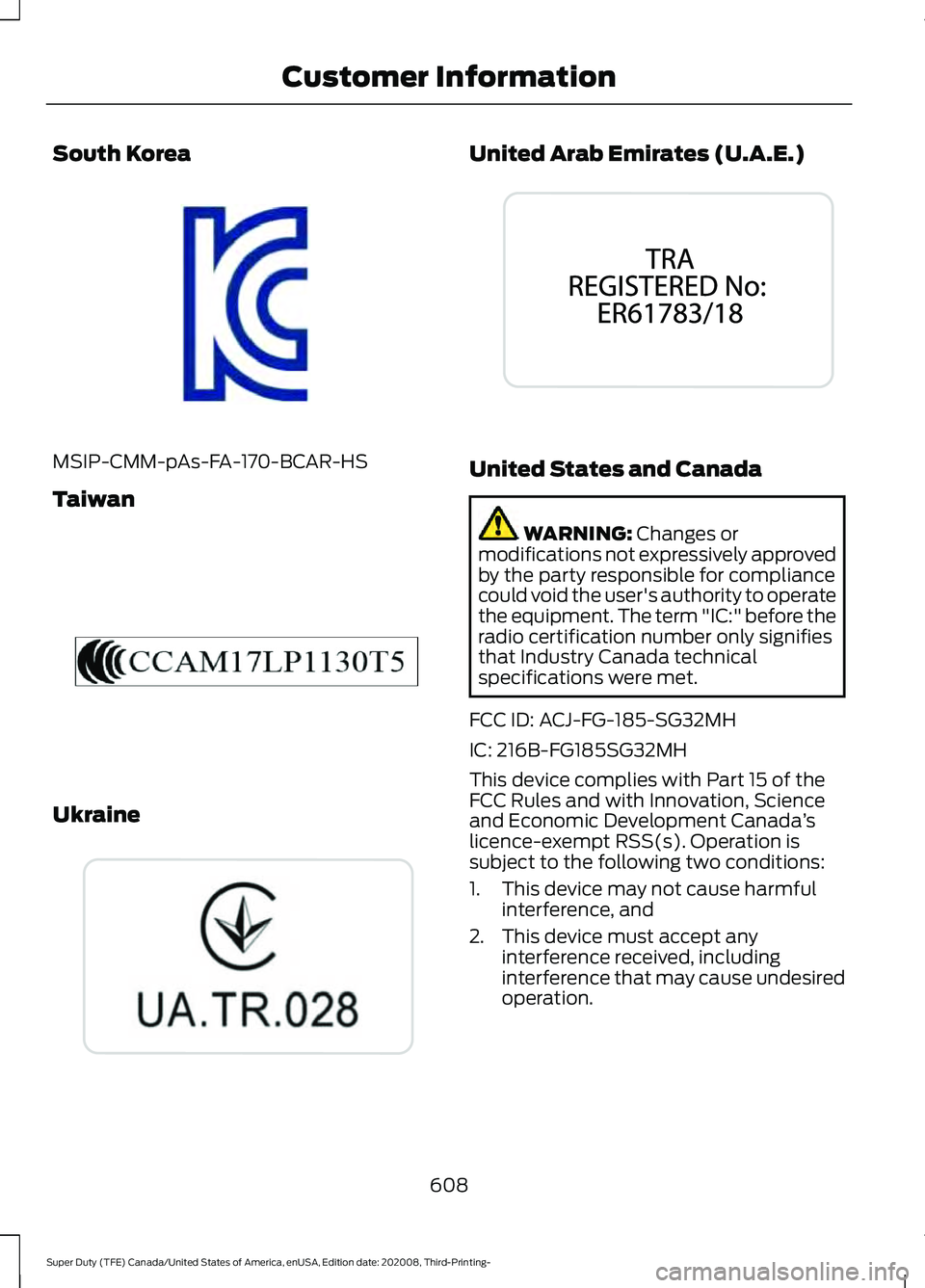 FORD F-350 2021  Owners Manual South Korea
MSIP-CMM-pAs-FA-170-BCAR-HS
Taiwan
Ukraine United Arab Emirates (U.A.E.)
United States and Canada
WARNING: Changes or
modifications not expressively approved
by the party responsible for c