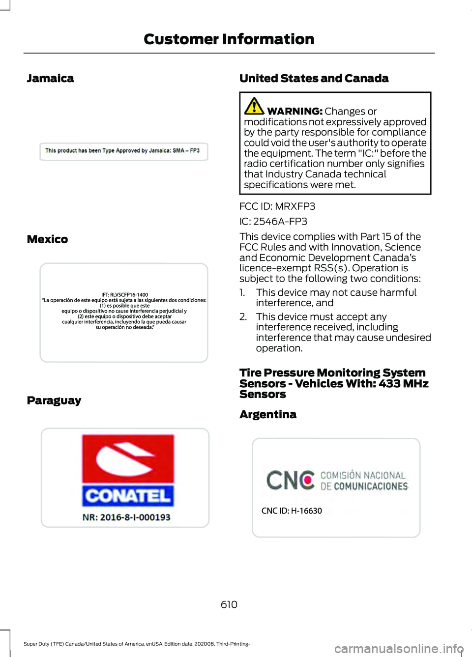 FORD F-350 2021  Owners Manual Jamaica
Mexico
Paraguay United States and Canada
WARNING: Changes or
modifications not expressively approved
by the party responsible for compliance
could void the user's authority to operate
the 
