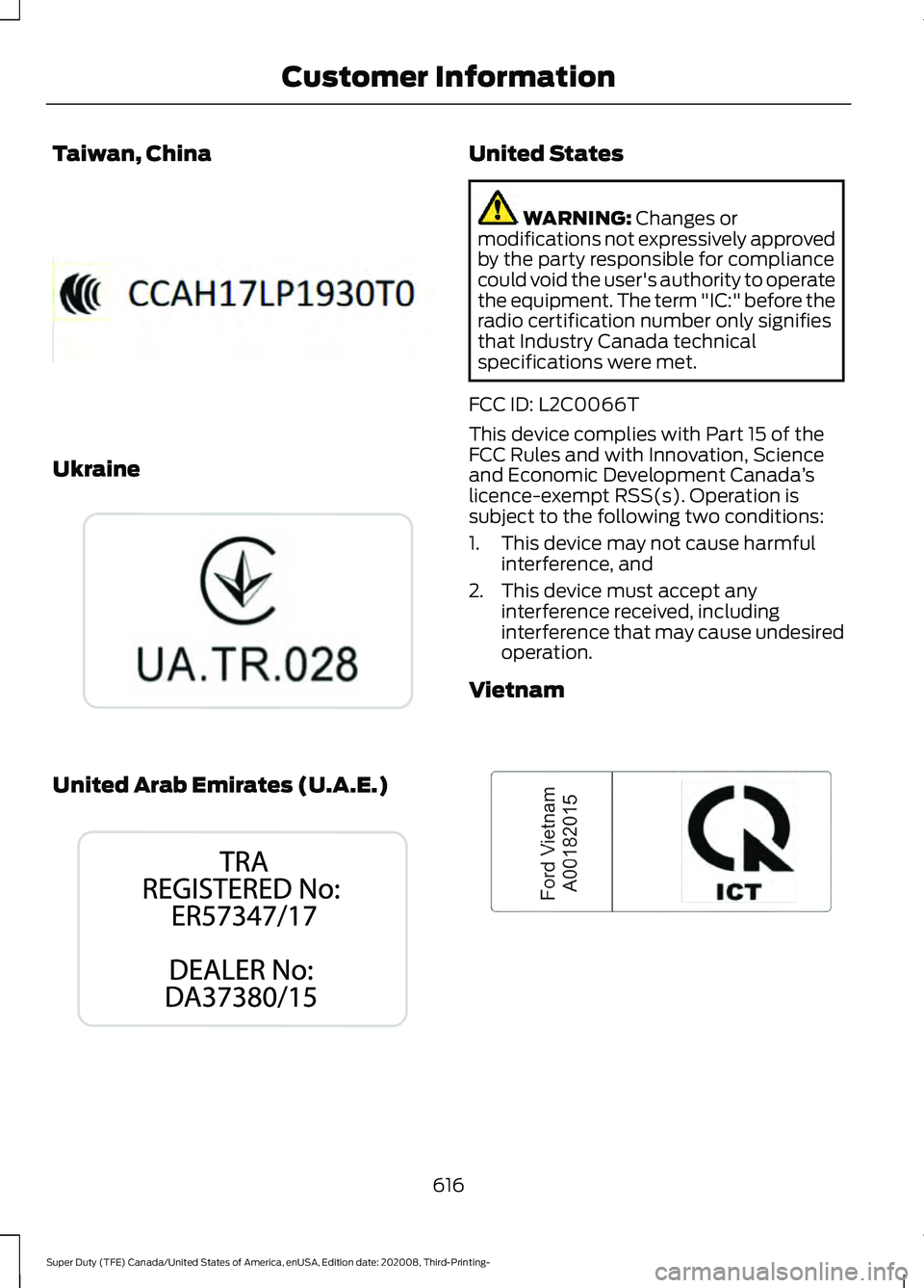 FORD F-350 2021  Owners Manual Taiwan, China
Ukraine
United Arab Emirates (U.A.E.) United States
WARNING: Changes or
modifications not expressively approved
by the party responsible for compliance
could void the user's authorit