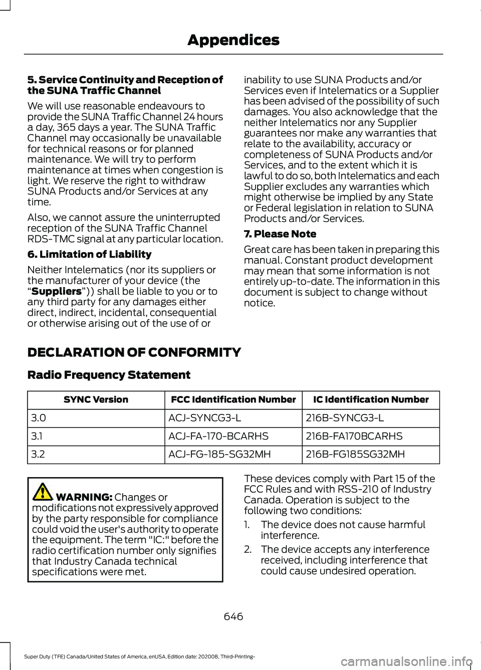 FORD F-350 2021  Owners Manual 5. Service Continuity and Reception of
the SUNA Traffic Channel
We will use reasonable endeavours to
provide the SUNA Traffic Channel 24 hours
a day, 365 days a year. The SUNA Traffic
Channel may occa