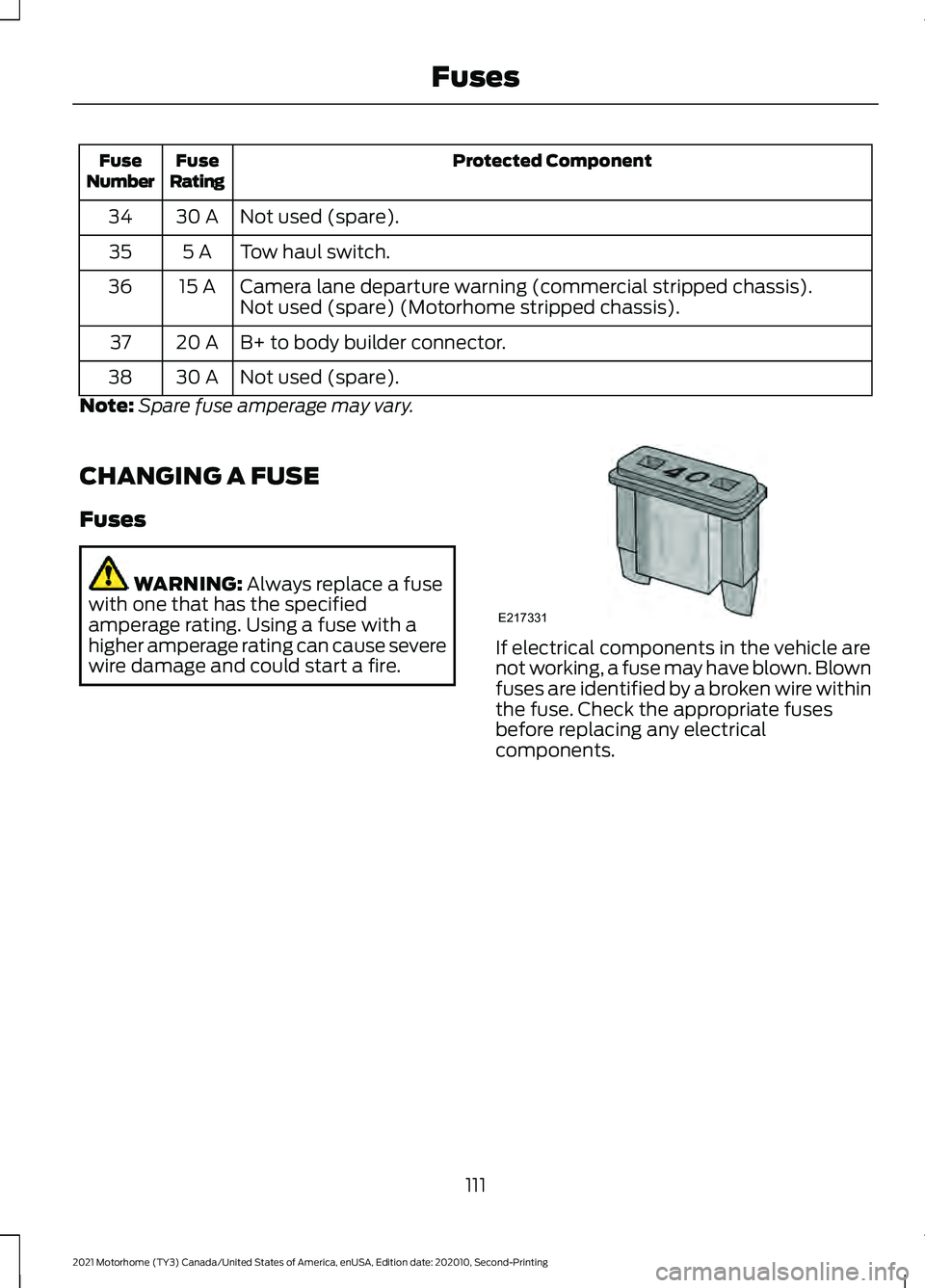 FORD F-53 2021  Owners Manual Protected Component
Fuse
Rating
Fuse
Number
Not used (spare).
30 A
34
Tow haul switch.
5 A
35
Camera lane departure warning (commercial stripped chassis).
15 A
36
Not used (spare) (Motorhome stripped 