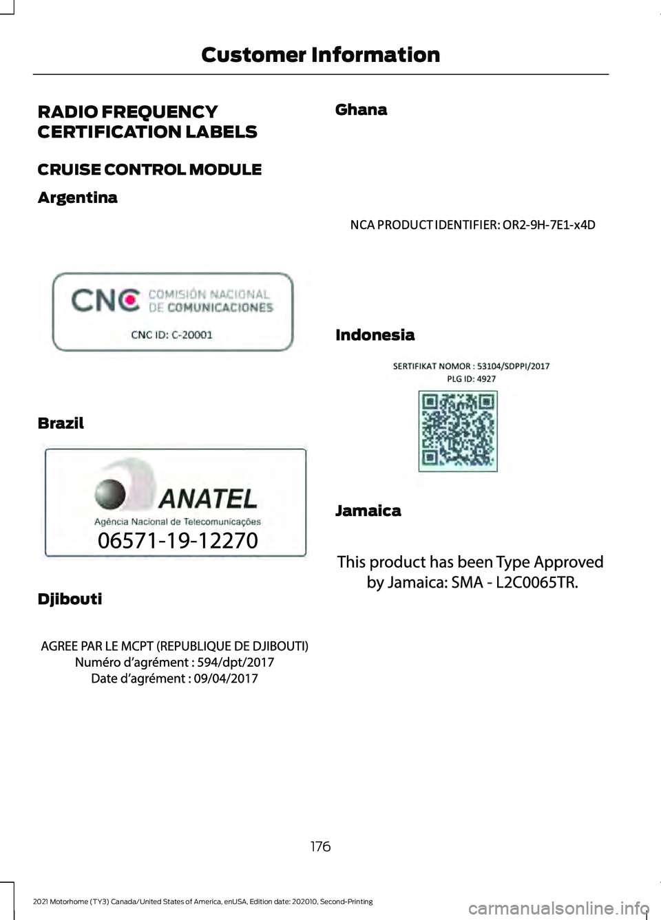FORD F-53 2021  Owners Manual RADIO FREQUENCY
CERTIFICATION LABELS
CRUISE CONTROL MODULE
Argentina
Brazil
Djibouti Ghana
Indonesia
Jamaica
176
2021 Motorhome (TY3) Canada/United States of America, enUSA, Edition date: 202010, Seco