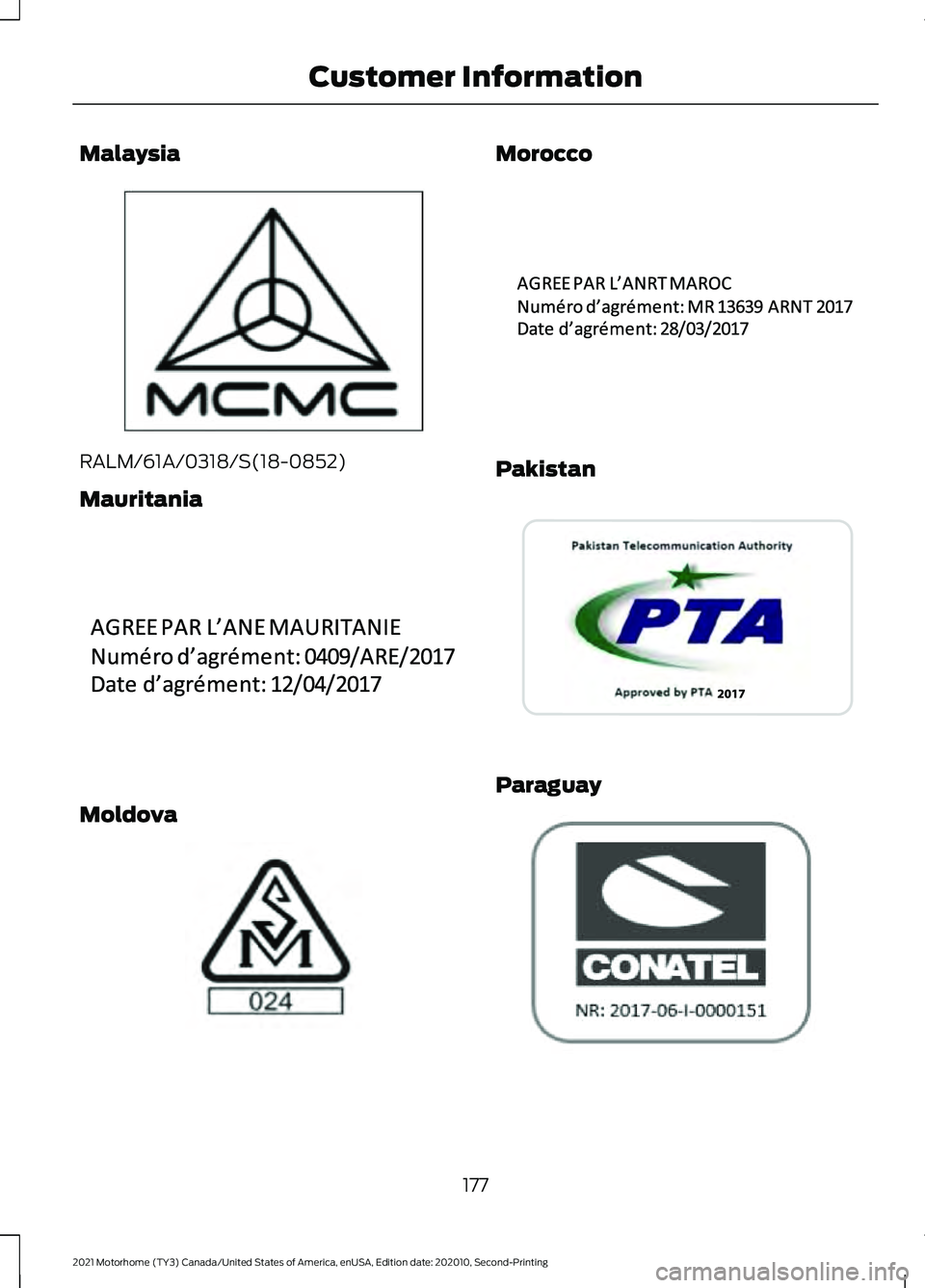 FORD F-53 2021  Owners Manual Malaysia
RALM/61A/0318/S(18-0852)
Mauritania
Moldova Morocco
Pakistan
Paraguay
177
2021 Motorhome (TY3) Canada/United States of America, enUSA, Edition date: 202010, Second-Printing Customer Informati