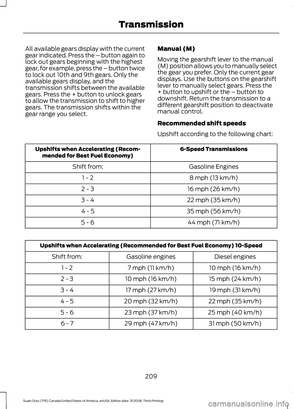 FORD F-550 2021  Owners Manual All available gears display with the current
gear indicated. Press the – button again to
lock out gears beginning with the highest
gear, for example, press the – button twice
to lock out 10th and 