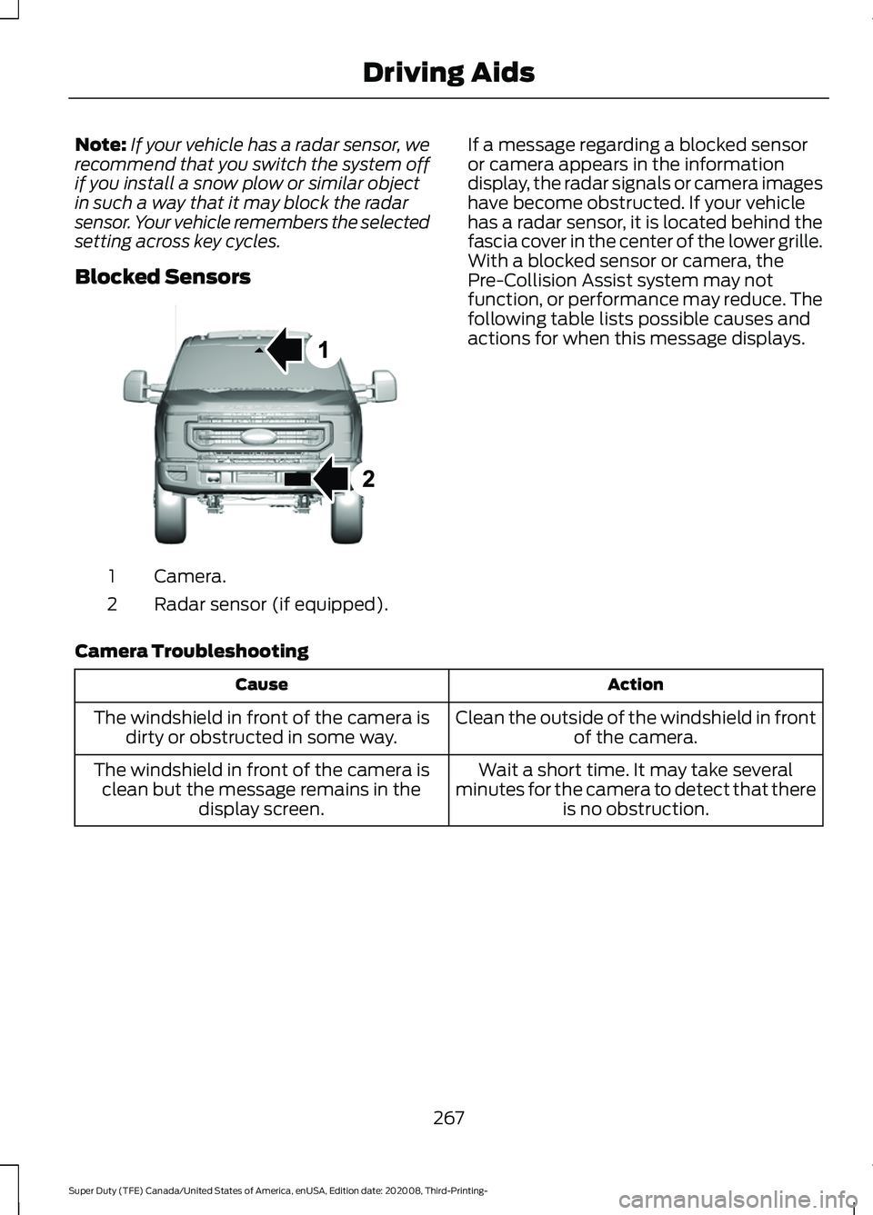 FORD F-550 2021  Owners Manual Note:
If your vehicle has a radar sensor, we
recommend that you switch the system off
if you install a snow plow or similar object
in such a way that it may block the radar
sensor. Your vehicle rememb