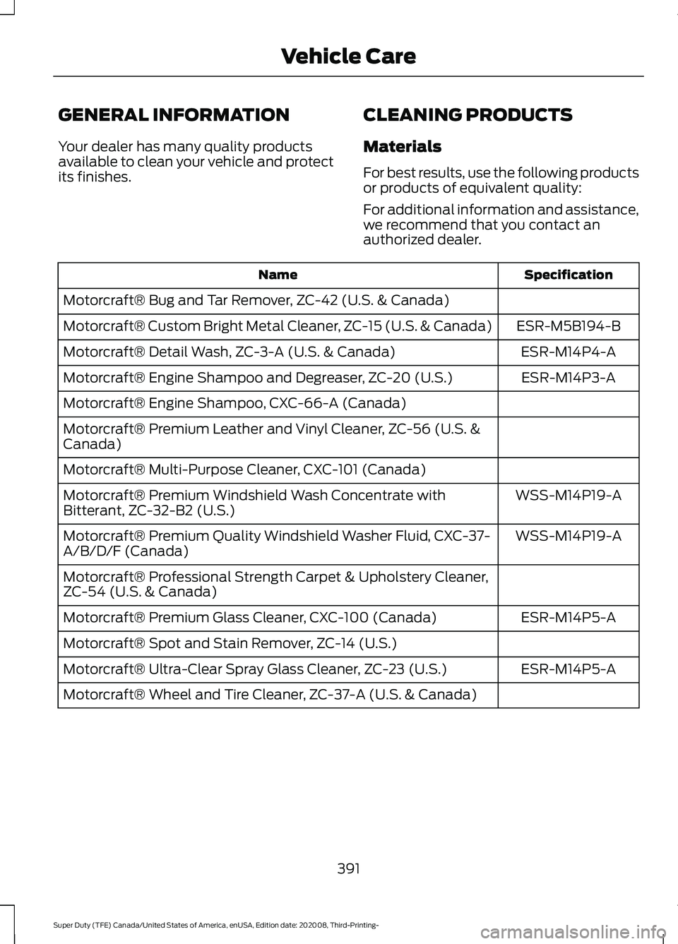 FORD F-550 2021  Owners Manual GENERAL INFORMATION
Your dealer has many quality products
available to clean your vehicle and protect
its finishes.
CLEANING PRODUCTS
Materials
For best results, use the following products
or products