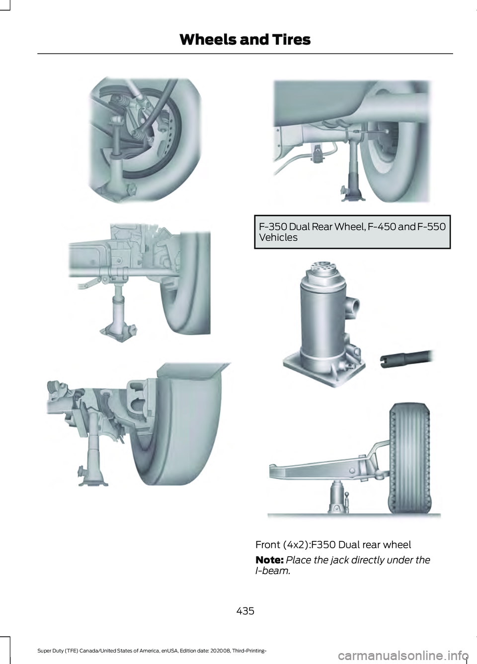 FORD F-550 2021  Owners Manual F-350 Dual Rear Wheel, F-450 and F-550
Vehicles
Front (4x2):F350 Dual rear wheel
Note:
Place the jack directly under the
I-beam.
435
Super Duty (TFE) Canada/United States of America, enUSA, Edition da
