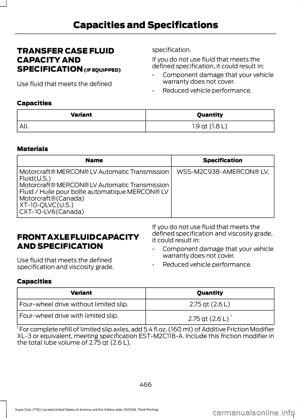 FORD F-550 2021  Owners Manual TRANSFER CASE FLUID
CAPACITY AND
SPECIFICATION (IF EQUIPPED)
Use fluid that meets the defined specification.
If you do not use fluid that meets the
defined specification, it could result in:
•
Compo