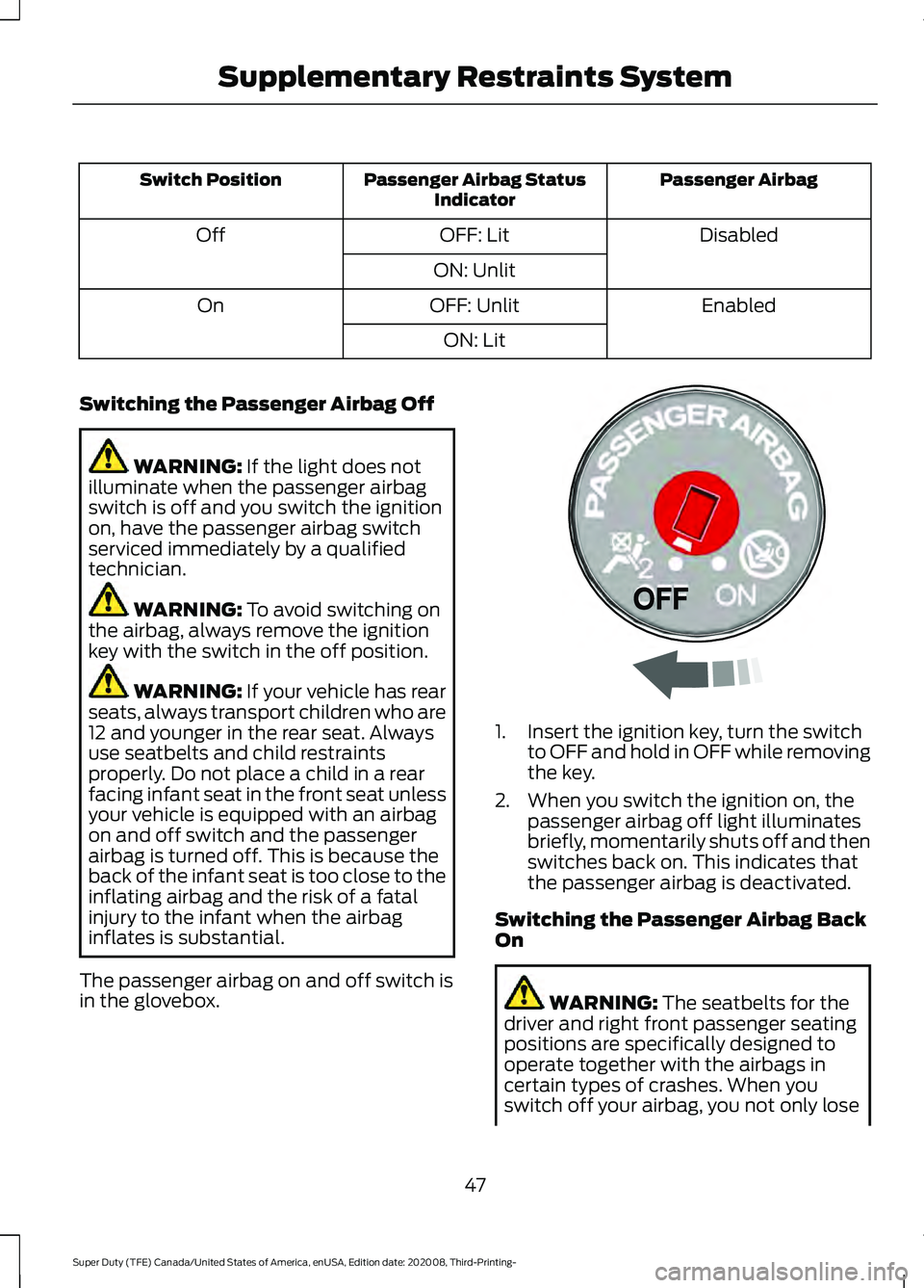 FORD F-550 2021  Owners Manual Passenger Airbag
Passenger Airbag Status
Indicator
Switch Position
Disabled
OFF: Lit
Off
ON: Unlit Enabled
OFF: Unlit
On
ON: Lit
Switching the Passenger Airbag Off WARNING: If the light does not
illum