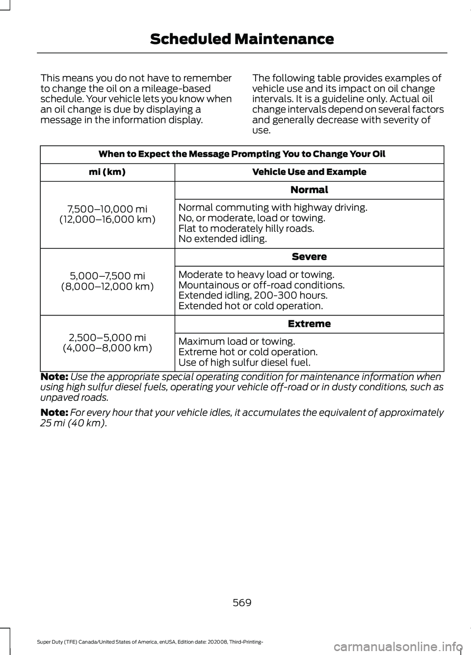 FORD F-550 2021  Owners Manual This means you do not have to remember
to change the oil on a mileage-based
schedule. Your vehicle lets you know when
an oil change is due by displaying a
message in the information display.
The follo