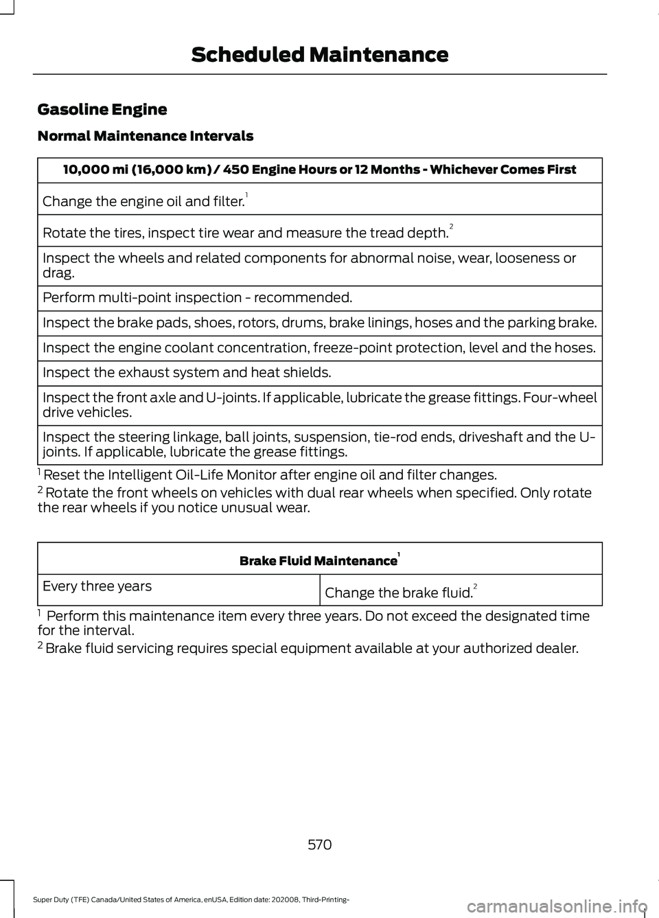 FORD F-550 2021  Owners Manual Gasoline Engine
Normal Maintenance Intervals
10,000 mi (16,000 km) / 450 Engine Hours or 12 Months - Whichever Comes First
Change the engine oil and filter. 1
Rotate the tires, inspect tire wear and m