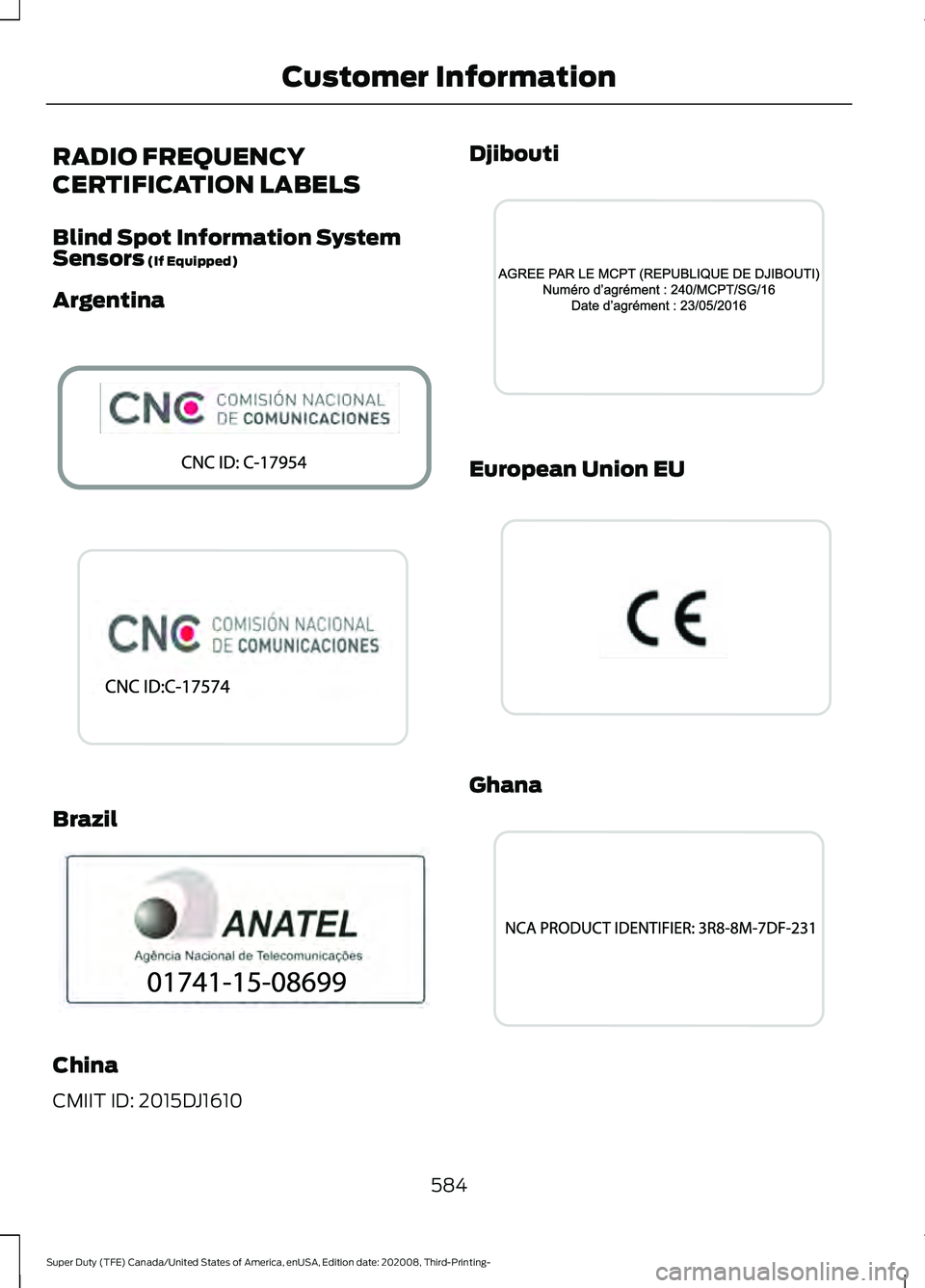 FORD F-550 2021  Owners Manual RADIO FREQUENCY
CERTIFICATION LABELS
Blind Spot Information System
Sensors (If Equipped)
Argentina Brazil
China
CMIIT ID: 2015DJ1610 Djibouti
European Union EU
Ghana
584
Super Duty (TFE) Canada/United