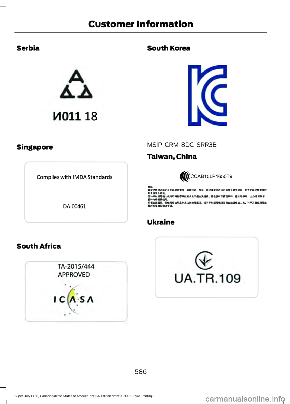 FORD F-550 2021  Owners Manual Serbia
Singapore
South Africa South Korea
MSIP-CRM-8DC-SRR3B
Taiwan, China
Ukraine
586
Super Duty (TFE) Canada/United States of America, enUSA, Edition date: 202008, Third-Printing- Customer Informati