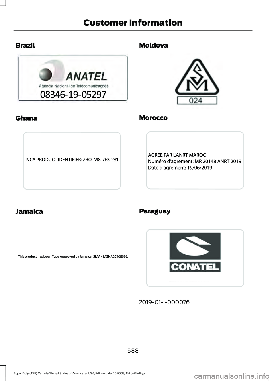 FORD F-550 2021  Owners Manual Brazil
Ghana
Jamaica Moldova
Morocco
Paraguay
2019-01-I-000076
588
Super Duty (TFE) Canada/United States of America, enUSA, Edition date: 202008, Third-Printing- Customer InformationE340499  E341433  