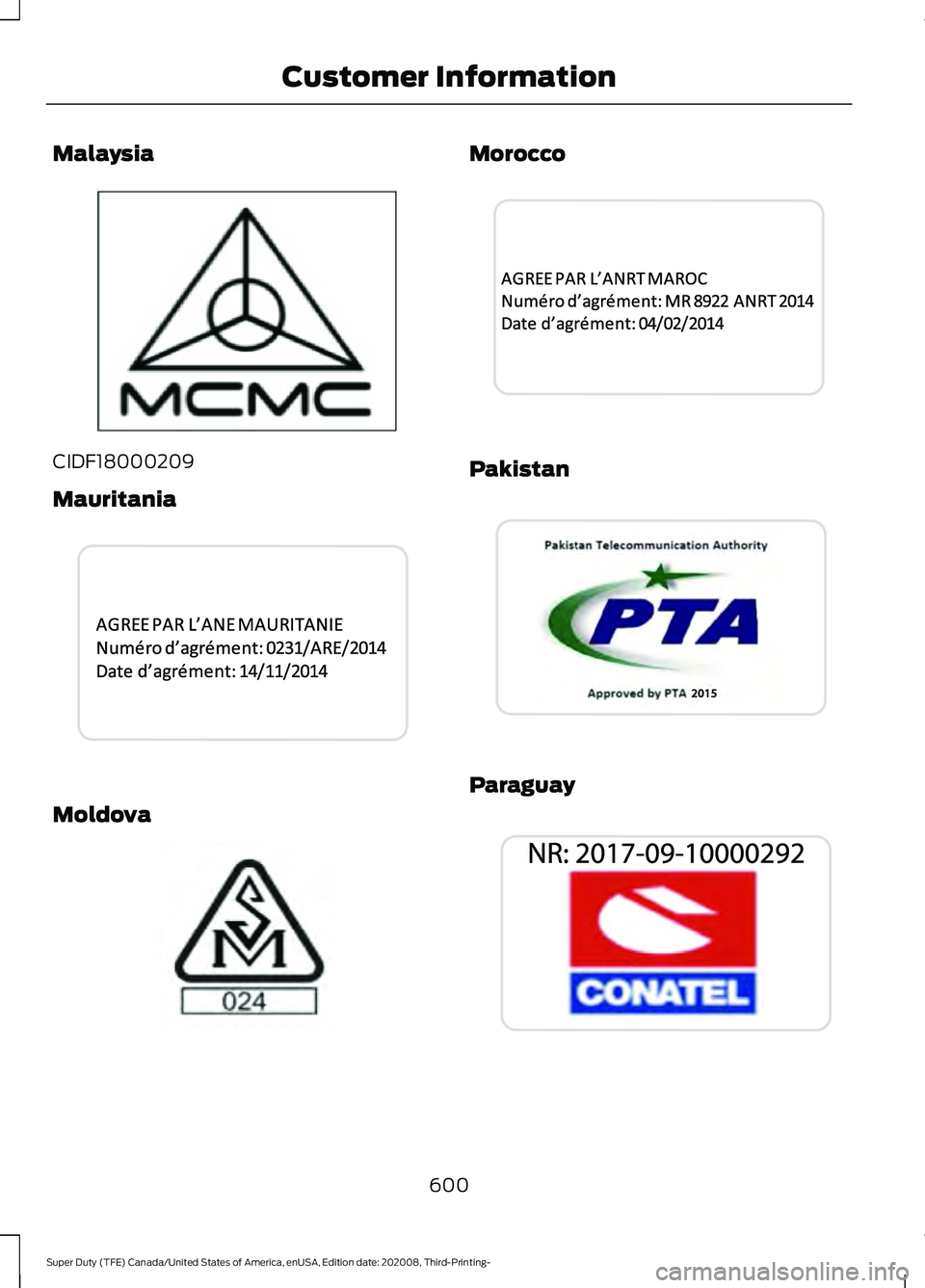 FORD F-550 2021  Owners Manual Malaysia
CIDF18000209
Mauritania
Moldova Morocco
Pakistan
Paraguay
600
Super Duty (TFE) Canada/United States of America, enUSA, Edition date: 202008, Third-Printing- Customer InformationE339836  E3399