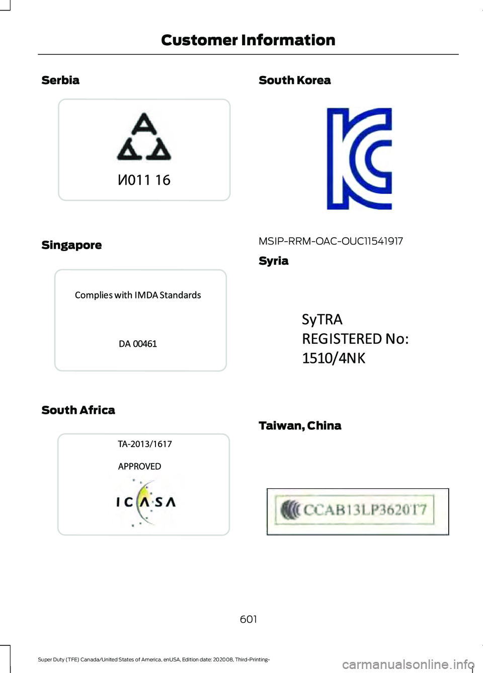 FORD F-550 2021  Owners Manual Serbia
Singapore
South Africa South Korea
MSIP-RRM-OAC-OUC11541917
Syria
Taiwan, China
601
Super Duty (TFE) Canada/United States of America, enUSA, Edition date: 202008, Third-Printing- Customer Infor