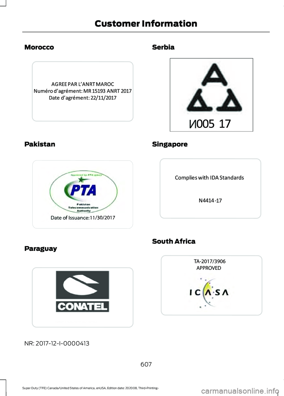 FORD F-550 2021  Owners Manual Morocco
Pakistan
Paraguay
NR: 2017-12-I-0000413 Serbia
Singapore
South Africa
607
Super Duty (TFE) Canada/United States of America, enUSA, Edition date: 202008, Third-Printing- Customer InformationE33