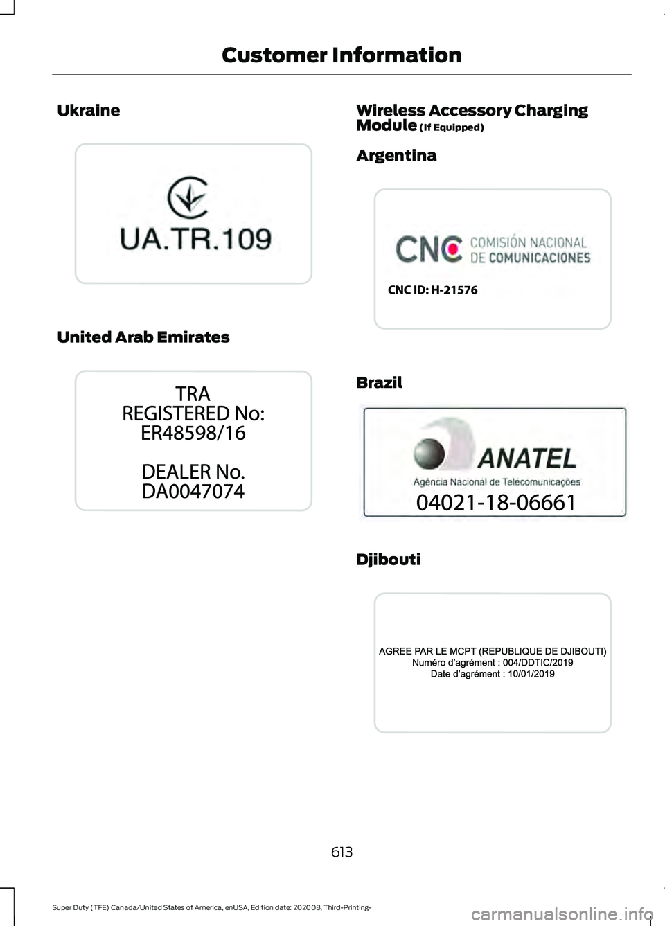 FORD F-550 2021  Owners Manual Ukraine
United Arab Emirates Wireless Accessory Charging
Module (If Equipped)
Argentina Brazil
Djibouti
613
Super Duty (TFE) Canada/United States of America, enUSA, Edition date: 202008, Third-Printin