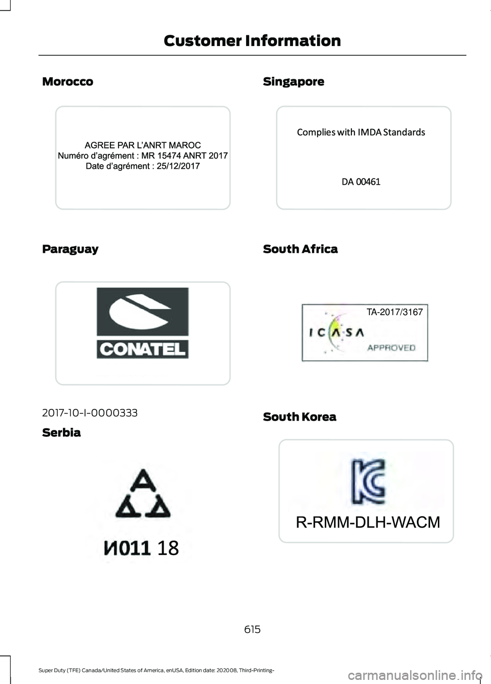 FORD F-550 2021  Owners Manual Morocco
Paraguay
2017-10-I-0000333
Serbia Singapore
South Africa
South Korea
615
Super Duty (TFE) Canada/United States of America, enUSA, Edition date: 202008, Third-Printing- Customer InformationE340
