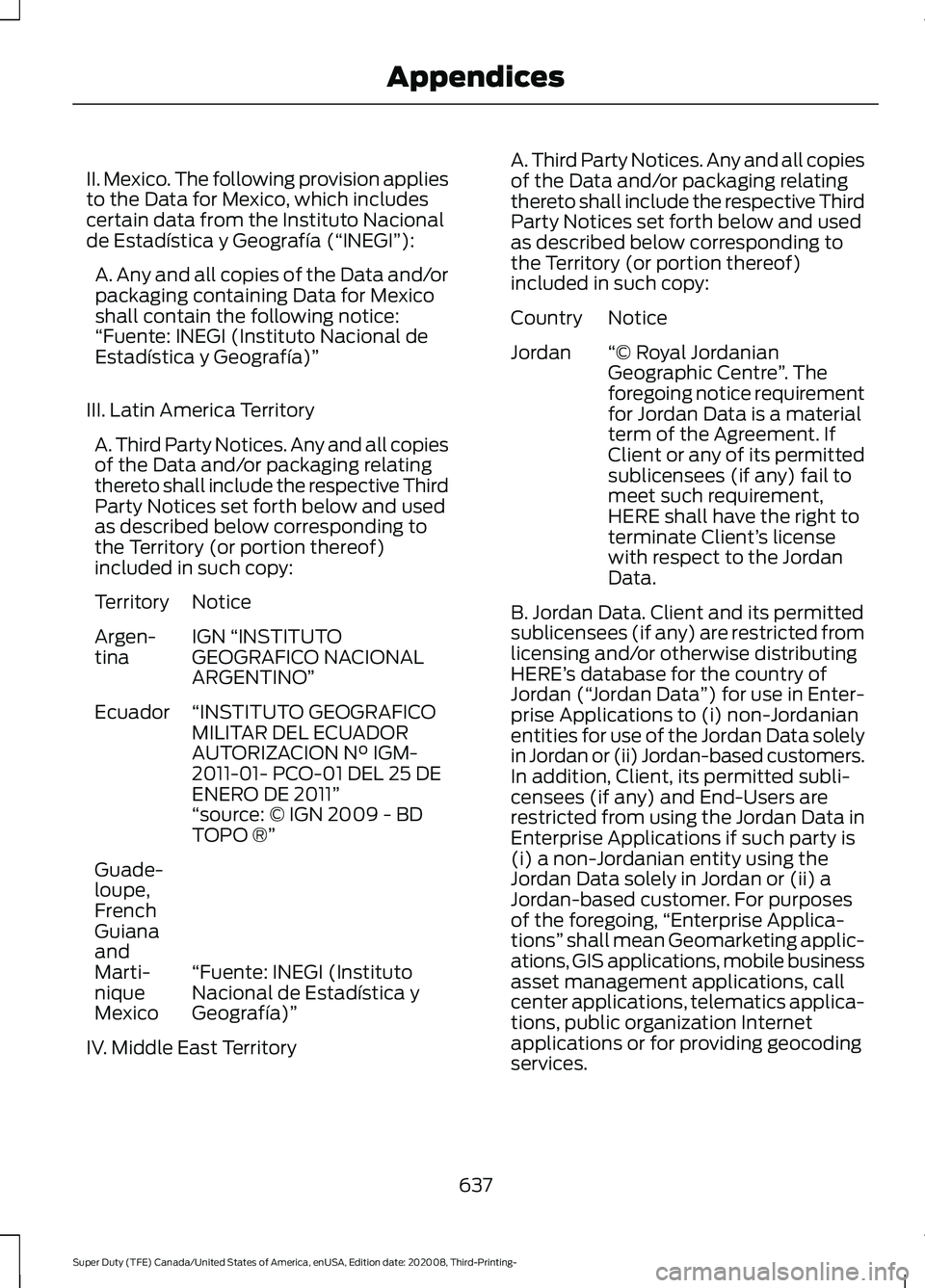 FORD F-550 2021  Owners Manual II. Mexico. The following provision applies
to the Data for Mexico, which includes
certain data from the Instituto Nacional
de Estadística y Geografía (“INEGI”):
A. Any and all copies of the Dat