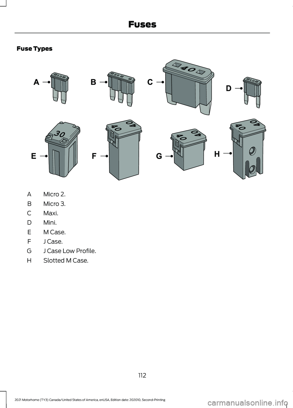 FORD F-59 2021  Owners Manual Fuse Types
Micro 2.
A
Micro 3.
B
Maxi.
C
Mini.
D
M Case.
E
J Case.
F
J Case Low Profile.
G
Slotted M Case.
H
112
2021 Motorhome (TY3) Canada/United States of America, enUSA, Edition date: 202010, Seco