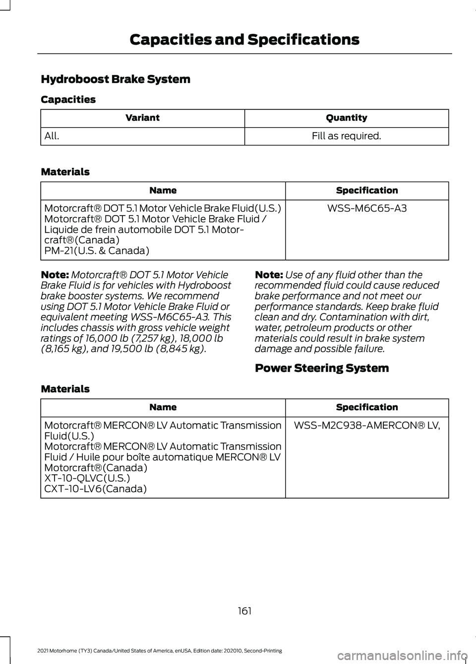 FORD F-59 2021 Owners Manual Hydroboost Brake System
Capacities
Quantity
Variant
Fill as required.
All.
Materials Specification
Name
WSS-M6C65-A3
Motorcraft® DOT 5.1 Motor Vehicle Brake Fluid(U.S.)
Motorcraft® DOT 5.1 Motor Veh FORD F-59 2021 Owners Manual Hydroboost Brake System
Capacities
Quantity
Variant
Fill as required.
All.
Materials Specification
Name
WSS-M6C65-A3
Motorcraft® DOT 5.1 Motor Vehicle Brake Fluid(U.S.)
Motorcraft® DOT 5.1 Motor Veh