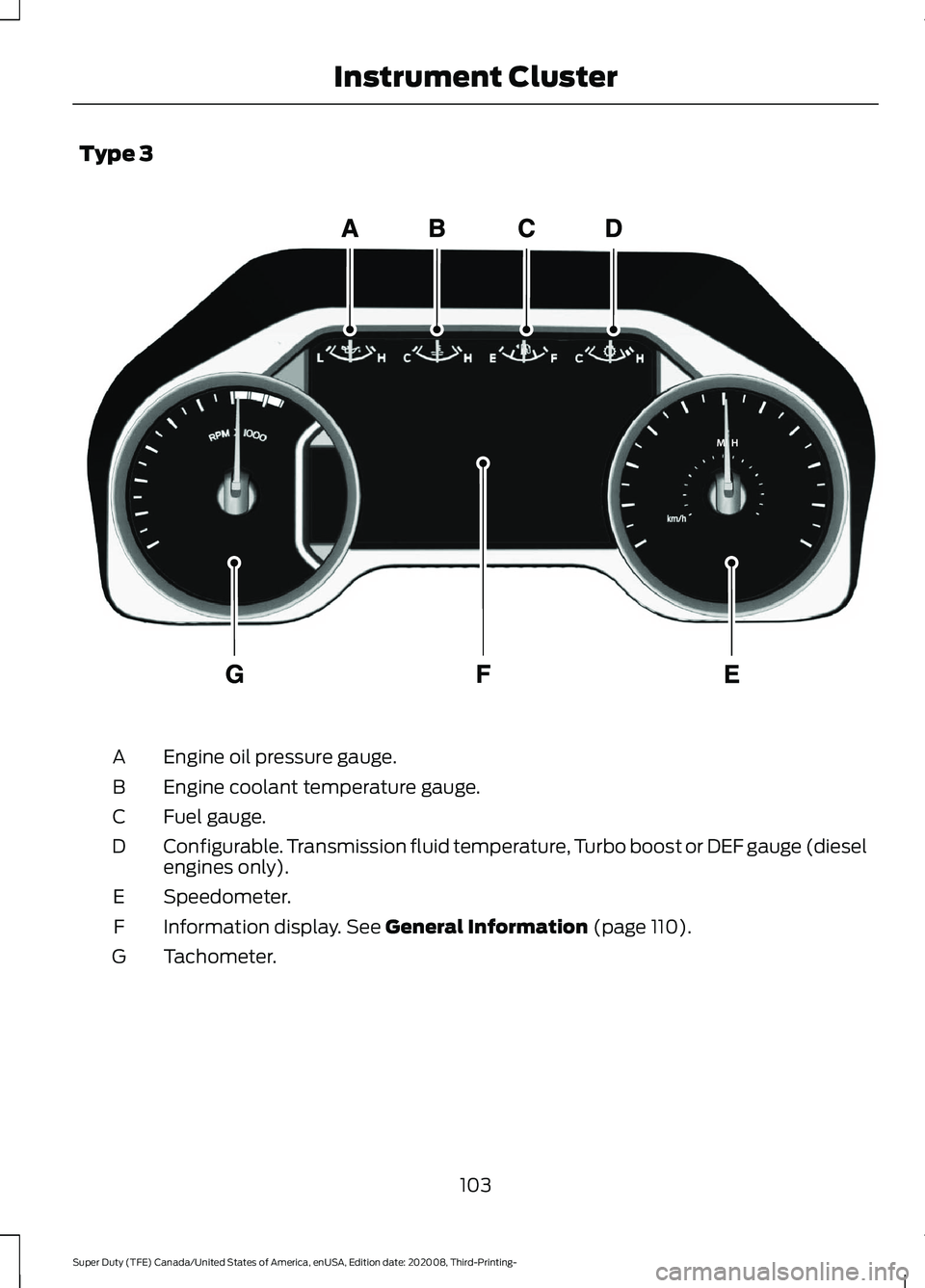 FORD F-600 2021  Owners Manual Type 3
Engine oil pressure gauge.
A
Engine coolant temperature gauge.
B
Fuel gauge.
C
Configurable. Transmission fluid temperature, Turbo boost or DEF gauge (diesel
engines only).
D
Speedometer.
E
Inf