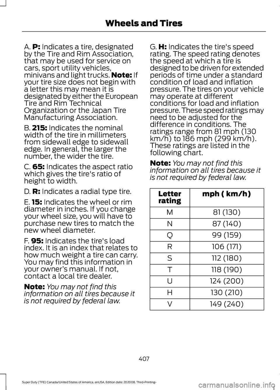 FORD F-600 2021  Owners Manual A.
P: Indicates a tire, designated
by the Tire and Rim Association,
that may be used for service on
cars, sport utility vehicles,
minivans and light trucks. Note:
 If
your tire size does not begin wit