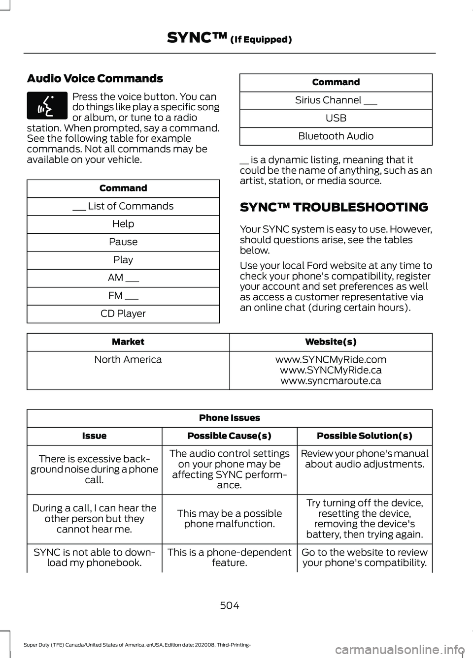 FORD F-600 2021  Owners Manual Audio Voice Commands
Press the voice button. You can
do things like play a specific song
or album, or tune to a radio
station. When prompted, say a command.
See the following table for example
command