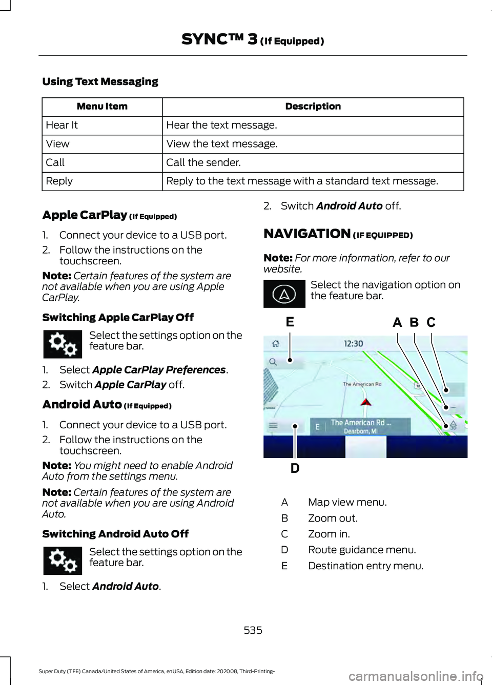 FORD F-600 2021  Owners Manual Using Text Messaging
Description
Menu Item
Hear the text message.
Hear It
View the text message.
View
Call the sender.
Call
Reply to the text message with a standard text message.
Reply
Apple CarPlay 