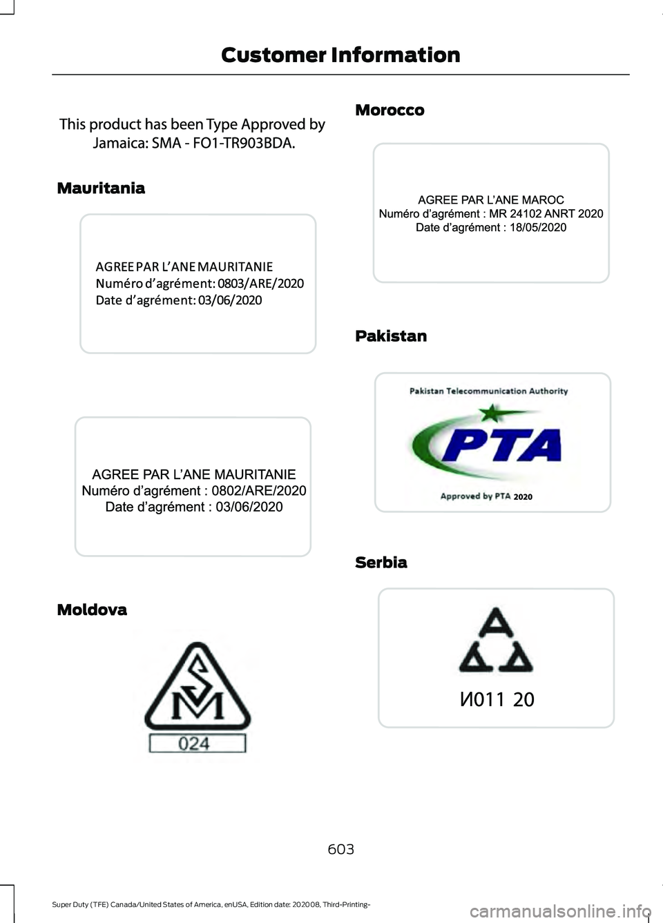FORD F-600 2021  Owners Manual Mauritania
Moldova Morocco
Pakistan
Serbia
603
Super Duty (TFE) Canada/United States of America, enUSA, Edition date: 202008, Third-Printing- Customer InformationE340197  E340530  E340531  E337971  E3