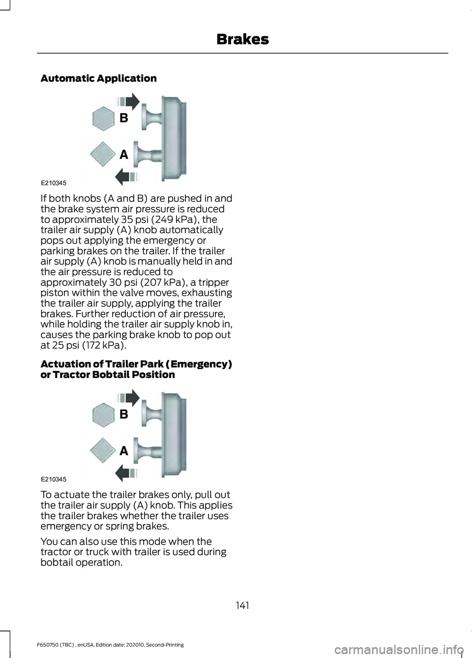 FORD F650/750 2021  Owners Manual Automatic Application
If both knobs (A and B) are pushed in and
the brake system air pressure is reduced
to approximately 35 psi (249 kPa), the
trailer air supply (A) knob automatically
pops out apply