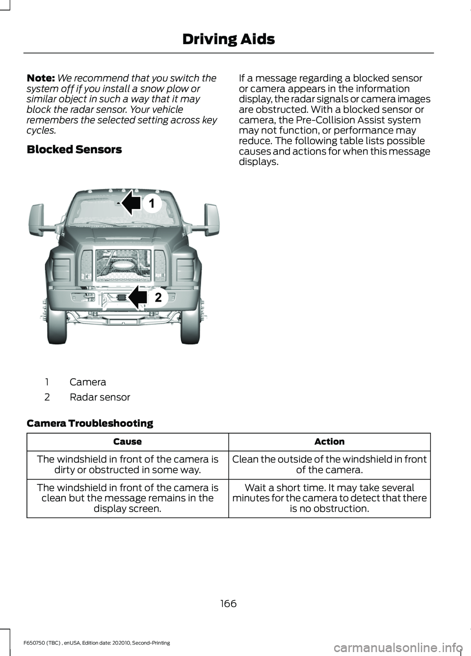 FORD F650/750 2021  Owners Manual Note:
We recommend that you switch the
system off if you install a snow plow or
similar object in such a way that it may
block the radar sensor. Your vehicle
remembers the selected setting across key
