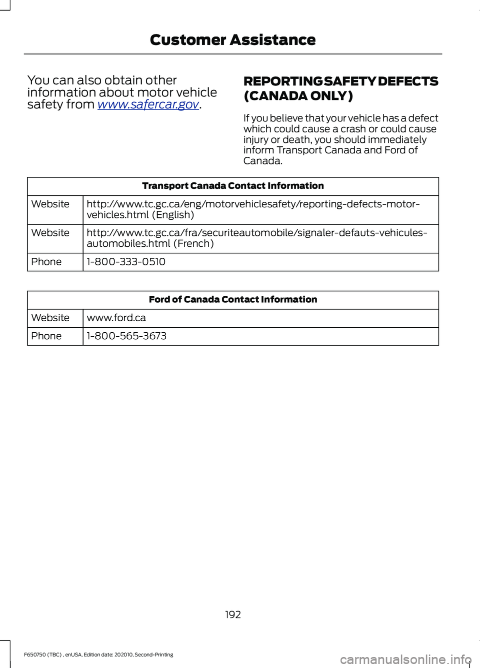 FORD F650/750 2021  Owners Manual You can also obtain other
information about motor vehicle
safety from www
.s a f er c ar .g o v .
REPORTING SAFETY DEFECTS
(CANADA ONLY)
If you believe that your vehicle has a defect
which could cause