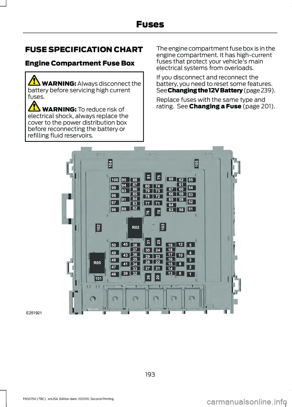 FORD F650/750 2021  Owners Manual FUSE SPECIFICATION CHART
Engine Compartment Fuse Box
WARNING: Always disconnect the
battery before servicing high current
fuses. WARNING: 
To reduce risk of
electrical shock, always replace the
cover 