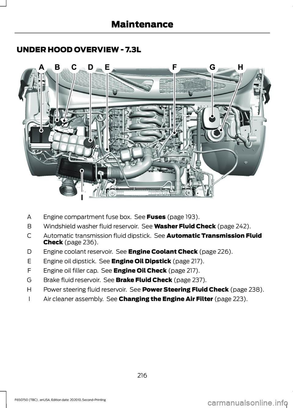 FORD F650/750 2021  Owners Manual UNDER HOOD OVERVIEW - 7.3L
Engine compartment fuse box.  See Fuses (page 193).
A
Windshield washer fluid reservoir.  See 
Washer Fluid Check (page 242).
B
Automatic transmission fluid dipstick.  See 
