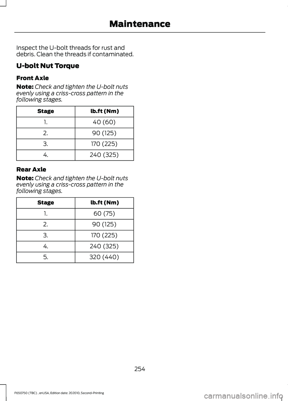 FORD F650/750 2021  Owners Manual Inspect the U-bolt threads for rust and
debris. Clean the threads if contaminated.
U-bolt Nut Torque
Front Axle
Note:
Check and tighten the U-bolt nuts
evenly using a criss-cross pattern in the
follow