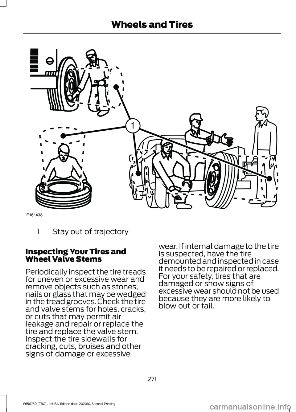 FORD F650/750 2021  Owners Manual Stay out of trajectory
1
Inspecting Your Tires and
Wheel Valve Stems
Periodically inspect the tire treads
for uneven or excessive wear and
remove objects such as stones,
nails or glass that may be wed