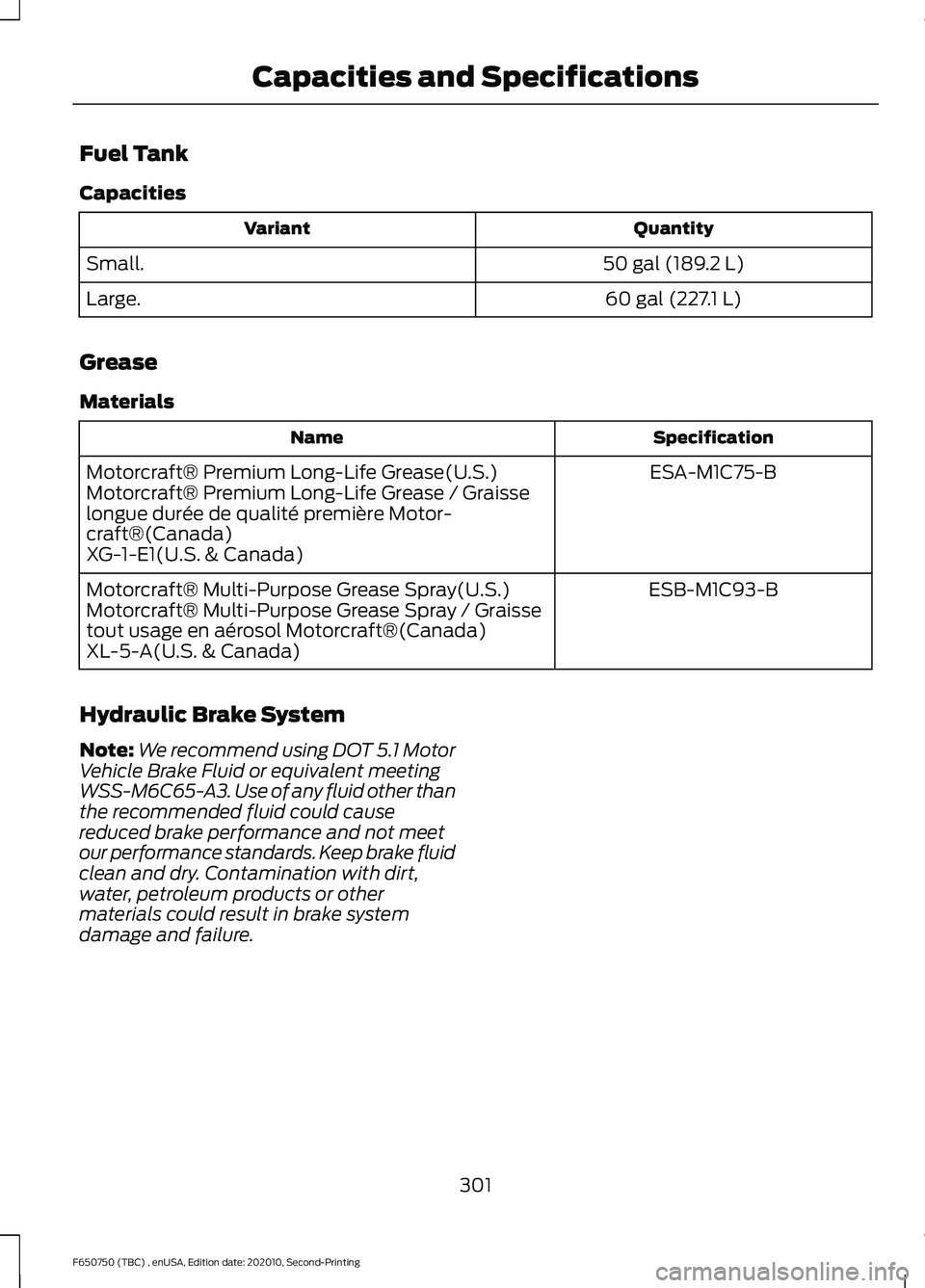 FORD F650/750 2021  Owners Manual Fuel Tank
Capacities
Quantity
Variant
50 gal (189.2 L)
Small.
60 gal (227.1 L)
Large.
Grease
Materials Specification
Name
ESA-M1C75-B
Motorcraft® Premium Long-Life Grease(U.S.)
Motorcraft® Premium L