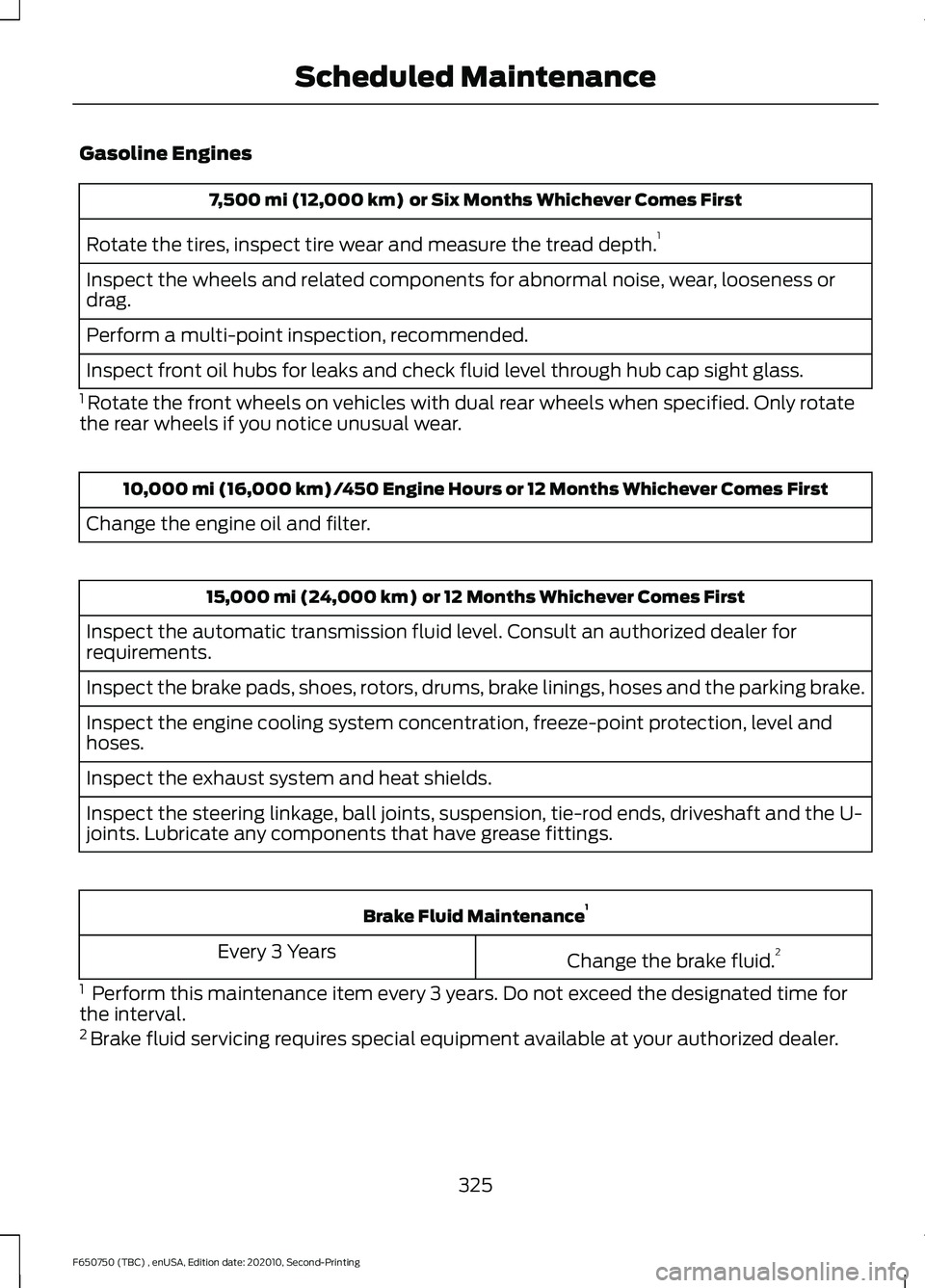 FORD F650/750 2021  Owners Manual Gasoline Engines
7,500 mi (12,000 km)  or Six Months Whichever Comes First
Rotate the tires, inspect tire wear and measure the tread depth. 1
Inspect the wheels and related components for abnormal noi