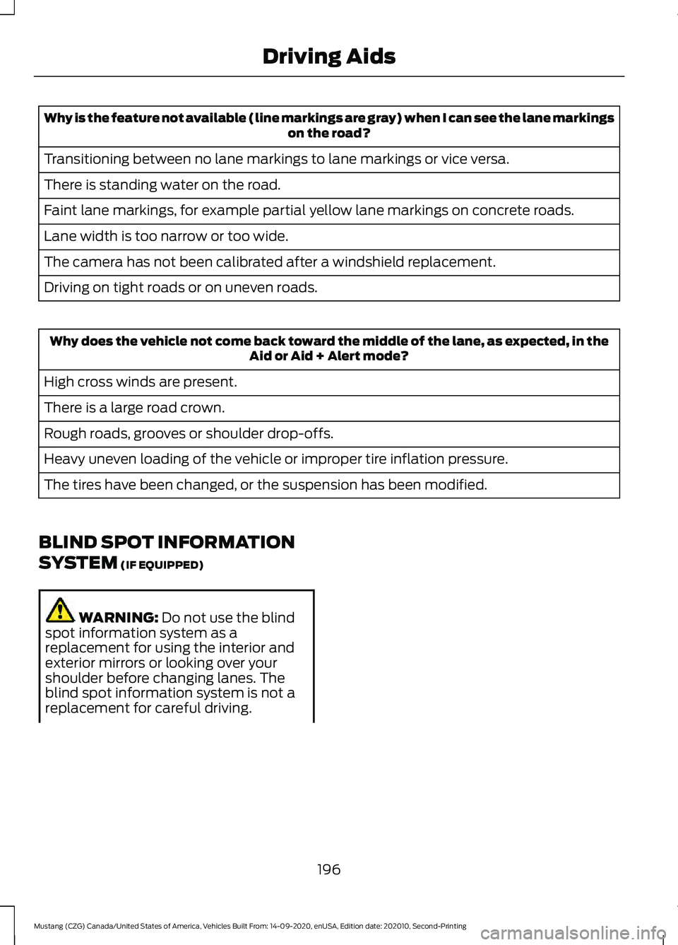 FORD MUSTANG 2021  Owners Manual Why is the feature not available (line markings are gray) when I can see the lane markings
on the road?
Transitioning between no lane markings to lane markings or vice versa.
There is standing water o