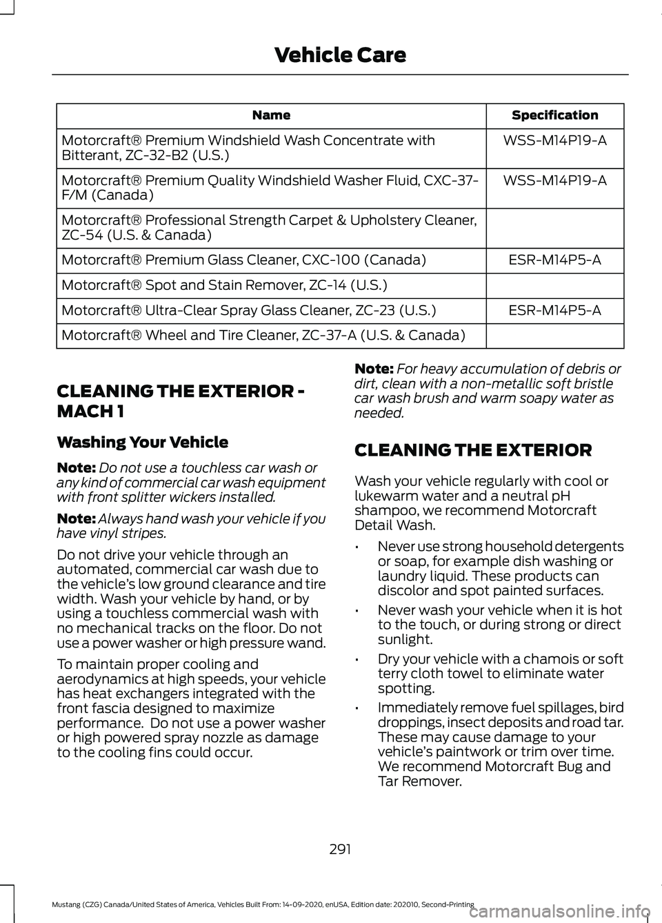 FORD MUSTANG 2021  Owners Manual Specification
Name
WSS-M14P19-A
Motorcraft® Premium Windshield Wash Concentrate with
Bitterant, ZC-32-B2 (U.S.)
WSS-M14P19-A
Motorcraft® Premium Quality Windshield Washer Fluid, CXC-37-
F/M (Canada)