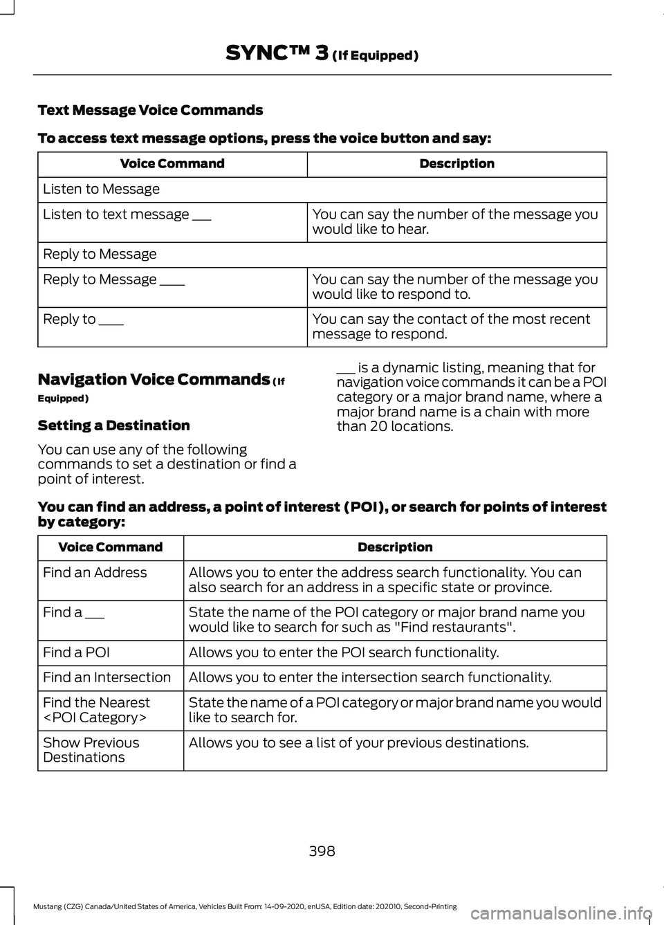 FORD MUSTANG 2021  Owners Manual Text Message Voice Commands
To access text message options, press the voice button and say:
Description
Voice Command
Listen to Message You can say the number of the message you
would like to hear.
Li