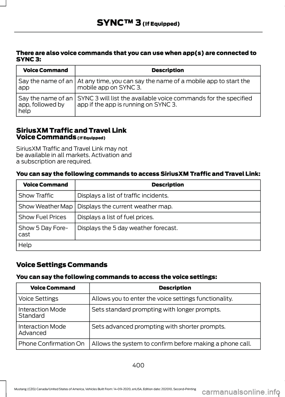 FORD MUSTANG 2021  Owners Manual There are also voice commands that you can use when app(s) are connected to
SYNC 3:
Description
Voice Command
At any time, you can say the name of a mobile app to start the
mobile app on SYNC 3.
Say t