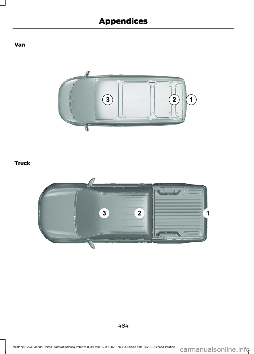 FORD MUSTANG 2021  Owners Manual Van
Truck
484
Mustang (CZG) Canada/United States of America, Vehicles Built From: 14-09-2020, enUSA, Edition date: 202010, Second-Printing AppendicesE239122   E239121   