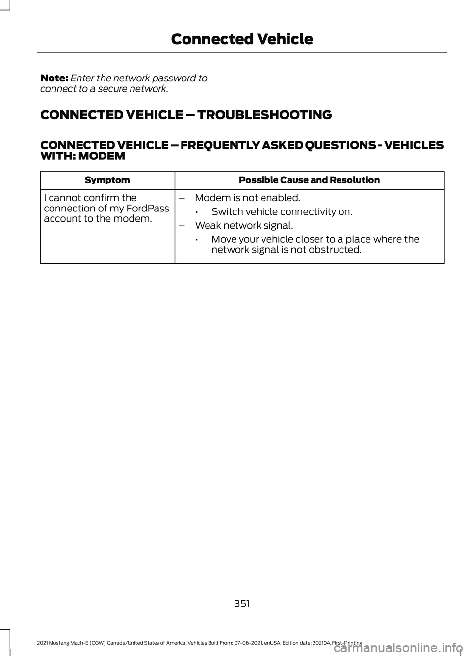 FORD MUSTANG MACH-E 2021  Owners Manual Note:
Enter the network password to
connect to a secure network.
CONNECTED VEHICLE – TROUBLESHOOTING
CONNECTED VEHICLE – FREQUENTLY ASKED QUESTIONS - VEHICLES
WITH: MODEM Possible Cause and Resolu