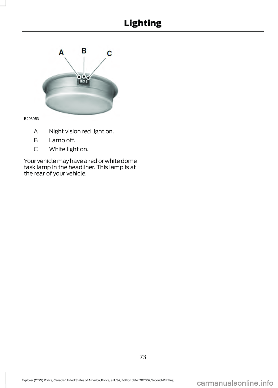 FORD POLICE INTERCEPTOR 2021  Owners Manual Night vision red light on.
A
Lamp off.
B
White light on.
C
Your vehicle may have a red or white dome
task lamp in the headliner. This lamp is at
the rear of your vehicle.
73
Explorer (CTW) Police, Can
