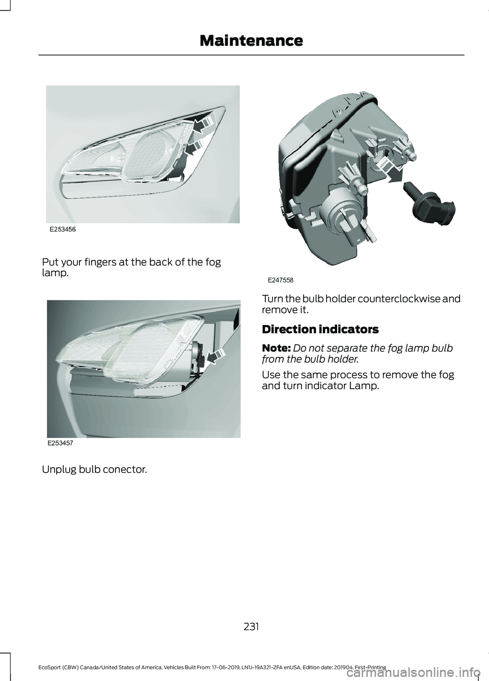 FORD ECOSPORT 2020  Owners Manual Put your fingers at the back of the foglamp.
Unplug bulb conector.
Turn the bulb holder counterclockwise andremove it.
Direction indicators
Note:Do not separate the fog lamp bulbfrom the bulb holder.
