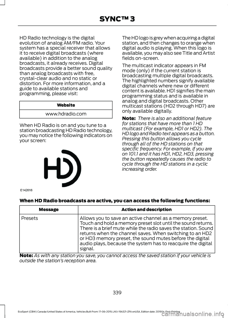 FORD ECOSPORT 2020 Owners Manual HD Radio technology is the digitalevolution of analog AM/FM radio. Yoursystem has a special receiver that allowsit to receive digital broadcasts (whereavailable) in addition to the analogbroadcasts, i FORD ECOSPORT 2020 Owners Manual HD Radio technology is the digitalevolution of analog AM/FM radio. Yoursystem has a special receiver that allowsit to receive digital broadcasts (whereavailable) in addition to the analogbroadcasts, i